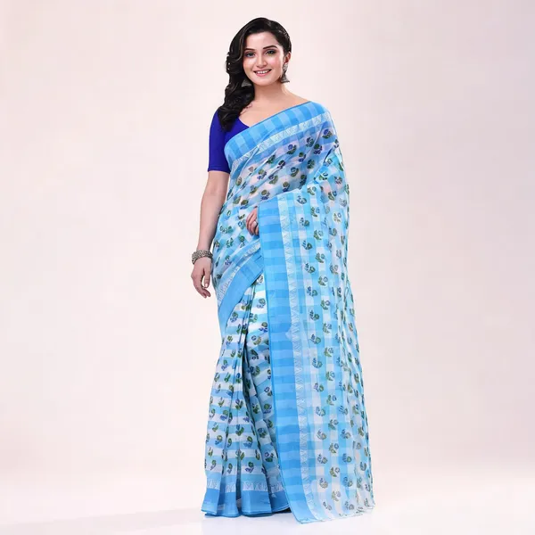 Blue_Cotton_Handloom_Floral_Woven_Bengal_Tant_Saree_For_Women
