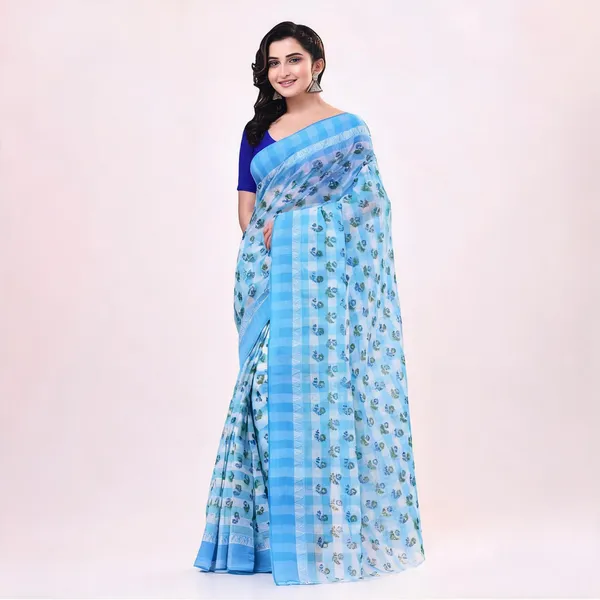 Blue_Cotton_Handloom_Floral_Woven_Bengal_Tant_Saree_For_Women