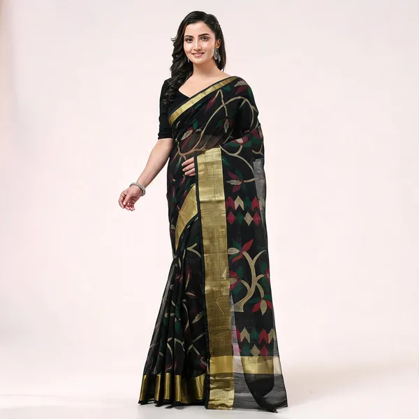 Black_Cotton_Blend_Floral_Woven_Saree_With_Blouse_For_Women