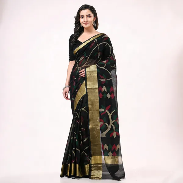 Black_Cotton_Blend_Floral_Woven_Saree_With_Blouse_For_Women