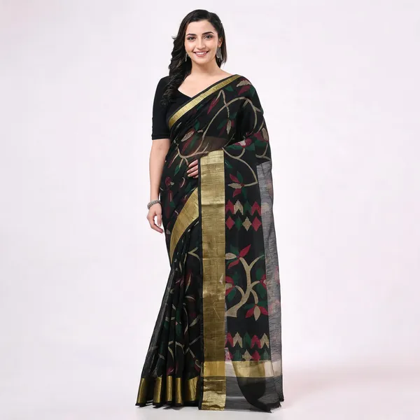 Black_Cotton_Blend_Floral_Woven_Handloom_Saree_With_Blouse_For_Women
