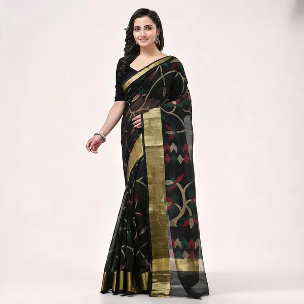 Black_Cotton_Blend_Floral_Woven_Handloom_Saree_With_Blouse_For_Women