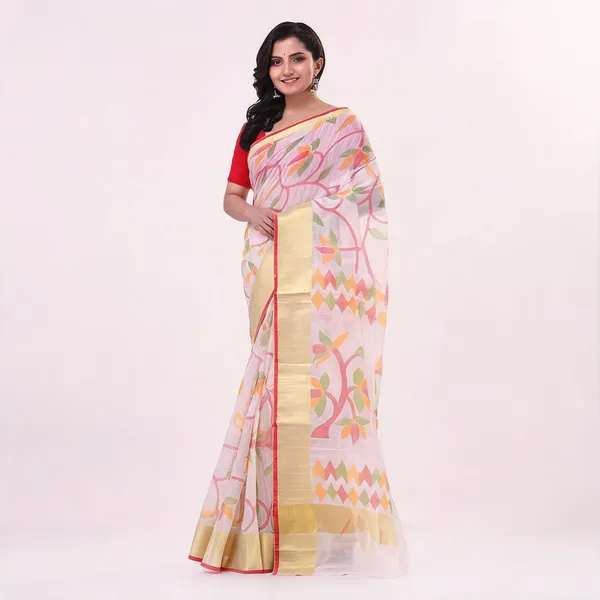 White_Cotton_Blend_Floral_Woven_Saree_With_Blouse_For_Women