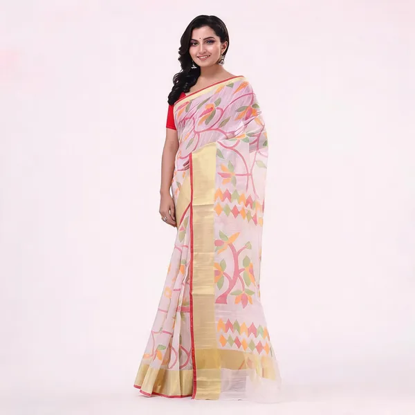 White_Cotton_Blend_Floral_Woven_Saree_With_Blouse_For_Women