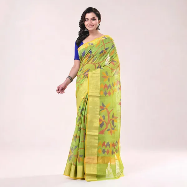 Green_Cotton_Blend_Woven_Floral_Saree_With_Blouse_For_Women