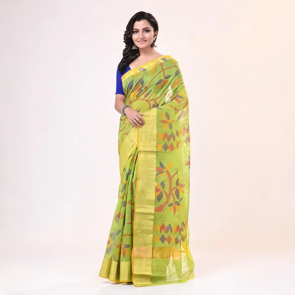 Green_Cotton_Blend_Woven_Floral_Saree_With_Blouse_For_Women