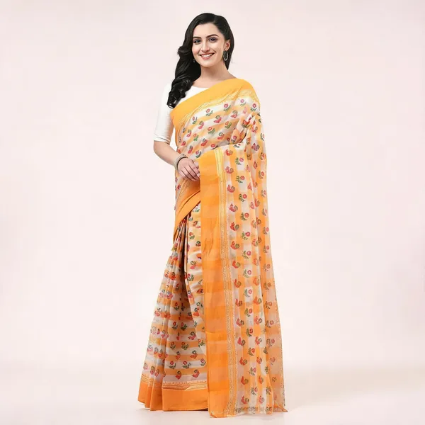 Yellow_Cotton_Handloom_Floral_Woven_Bengal_Tant_Saree_For_Women