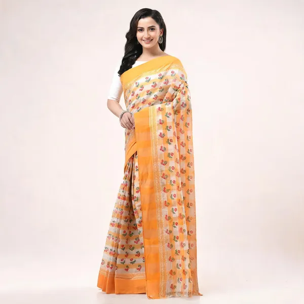 Yellow_Cotton_Handloom_Floral_Woven_Bengal_Tant_Saree_For_Women