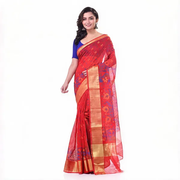 Red_Cotton_Silk_Handloom_Woven_Saree_With_Blouse_For_Women