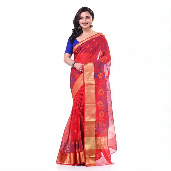Red_Cotton_Silk_Handloom_Woven_Saree_With_Blouse_For_Women