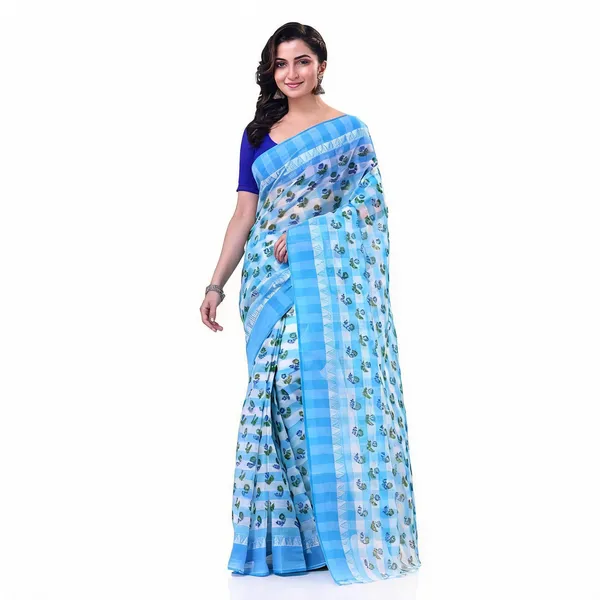 Blue_Cotton_Floral_Woven_Bengal_Tant_Saree_For_Women