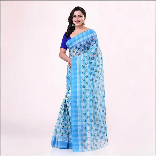 Blue_Cotton_Floral_Woven_Bengal_Tant_Saree_For_Women