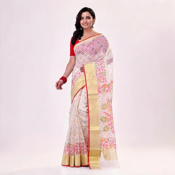 White_Cotton_Blend_Floral_Woven_Saree_With_Blouse_For_Women
