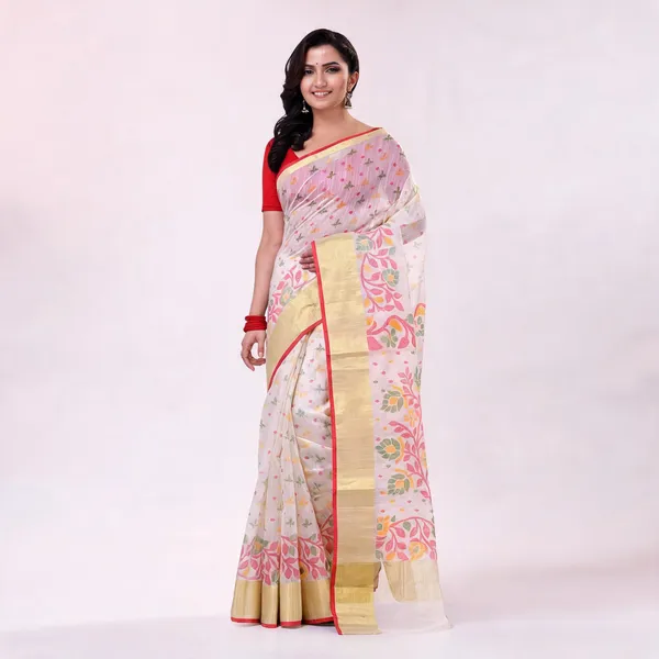 White_Cotton_Blend_Floral_Woven_Saree_With_Blouse_For_Women