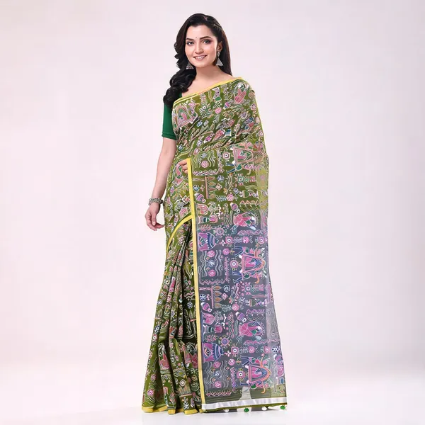 Green_Grey_Cotton_Blend_Traditional_Handloom_Saree_With_Blouse_For_Women