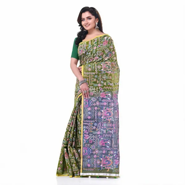 Green_Grey_Cotton_Blend_Traditional_Handloom_Saree_With_Blouse_For_Women