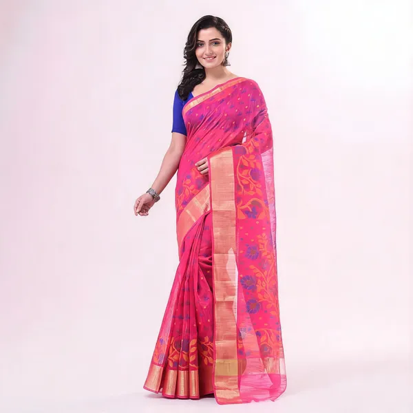 Pink_Cotton_Blend_Handloom_Floral_Woven_Saree_With_Blouse_For_Women