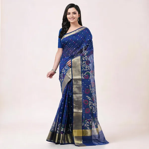 Blue_Cotton_Blend_Floral_Woven_Handloom_Saree_With_Blouse_For_Women