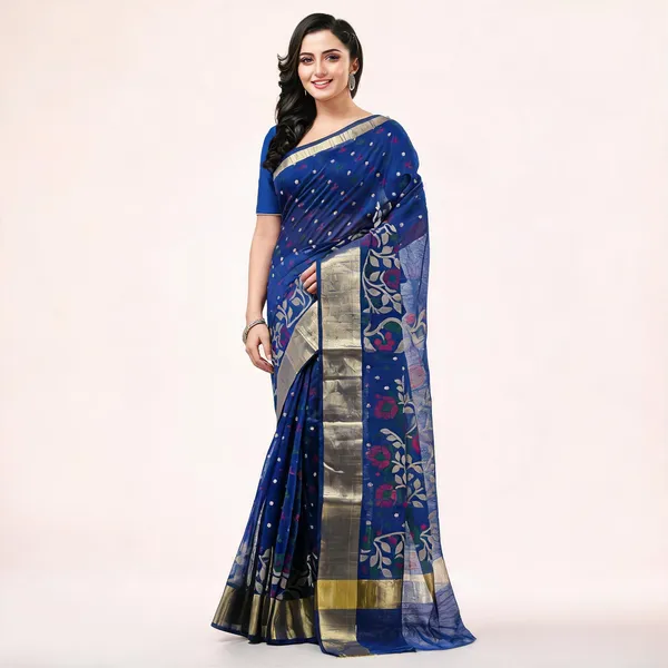 Blue_Cotton_Blend_Floral_Woven_Handloom_Saree_With_Blouse_For_Women