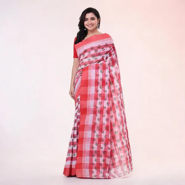 Red_Cotton_Handloom_Floral_Woven_Bengal_Tant_Saree_For_Women