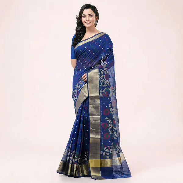Blue_Cotton_Blend_Handloom_Floral_Woven_Saree_With_Blouse_Piece_For_Women