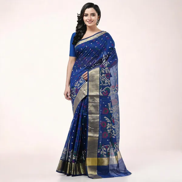 Blue_Cotton_Blend_Handloom_Floral_Woven_Saree_With_Blouse_Piece_For_Women
