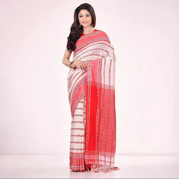 White_Red_Cotton_Contemporary_Striped_Handloom_Saree_With_Blouse_For_Women