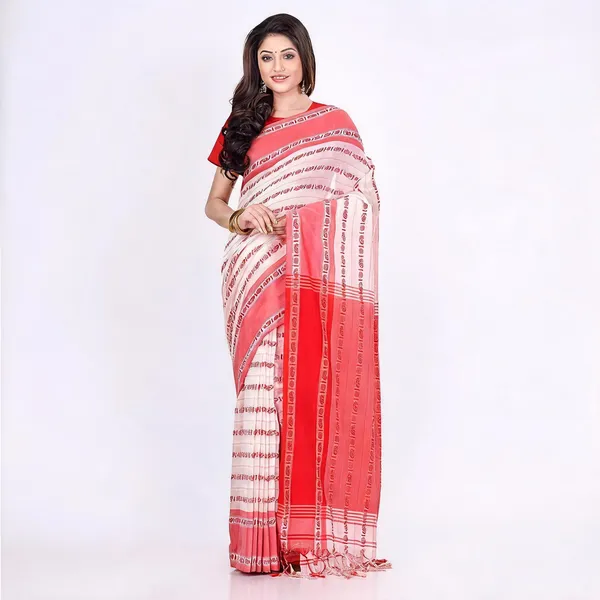 White_Red_Cotton_Contemporary_Striped_Handloom_Saree_With_Blouse_For_Women