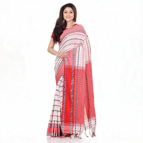 White_Red_Cotton_Floral_Baghampuri_Saree_With_Blouse_For_Women