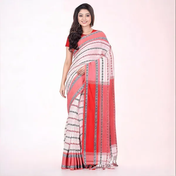 White_Red_Cotton_Floral_Baghampuri_Saree_With_Blouse_For_Women
