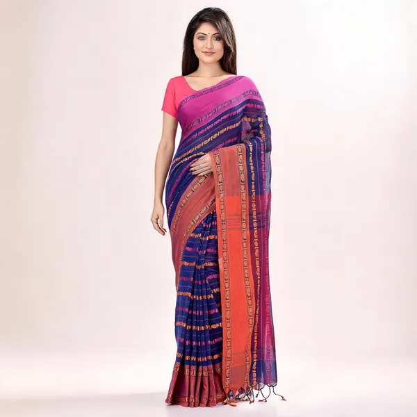 Deep_Blue_Cotton_Floral_Baghampuri_Saree_With_Blouse_For_Women
