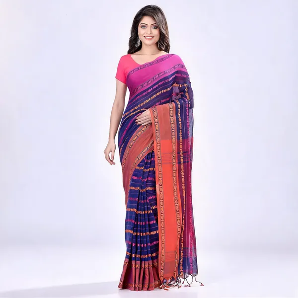 Deep_Blue_Cotton_Floral_Baghampuri_Saree_With_Blouse_For_Women