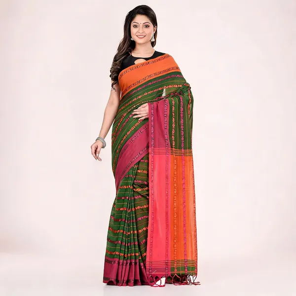 Pista_Green_Orange_Cotton_Floral_Baghampuri_Saree_With_Blouse_For_Women