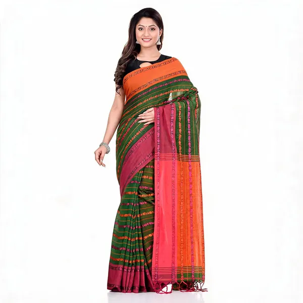 Pista_Green_Orange_Cotton_Floral_Baghampuri_Saree_With_Blouse_For_Women
