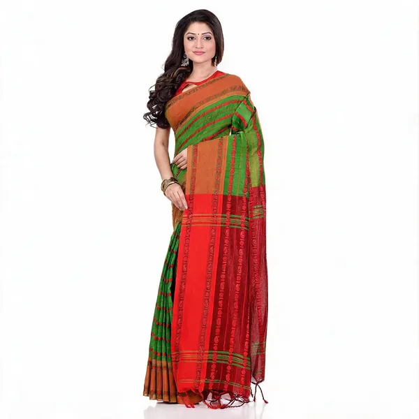 Green_Red_Cotton_Floral_Baghampuri_Saree_With_Blouse_For_Women