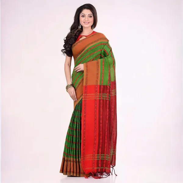 Green_Red_Cotton_Floral_Baghampuri_Saree_With_Blouse_For_Women