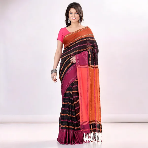 Black_Orange_Cotton_Floral_Baghampuri_Saree_With_Blouse_For_Women