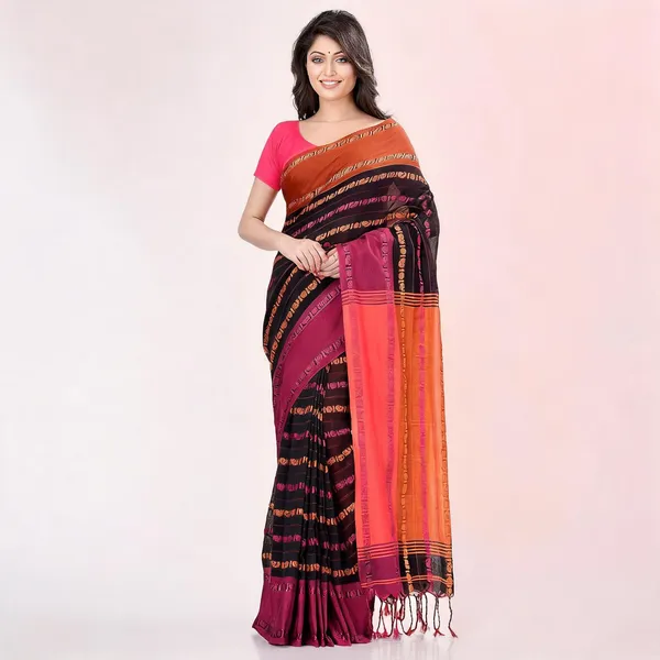 Black_Orange_Cotton_Floral_Baghampuri_Saree_With_Blouse_For_Women