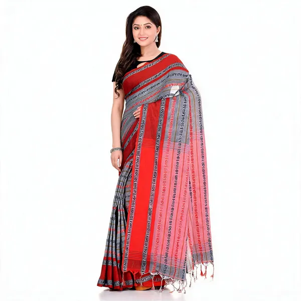 Grey_Red_Cotton_Floral_Baghampuri_Saree_With_Blouse_For_Women