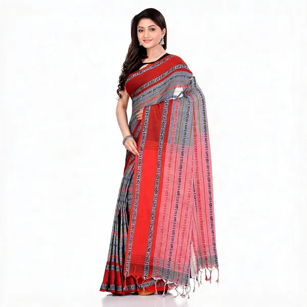 Grey_Red_Cotton_Floral_Baghampuri_Saree_With_Blouse_For_Women