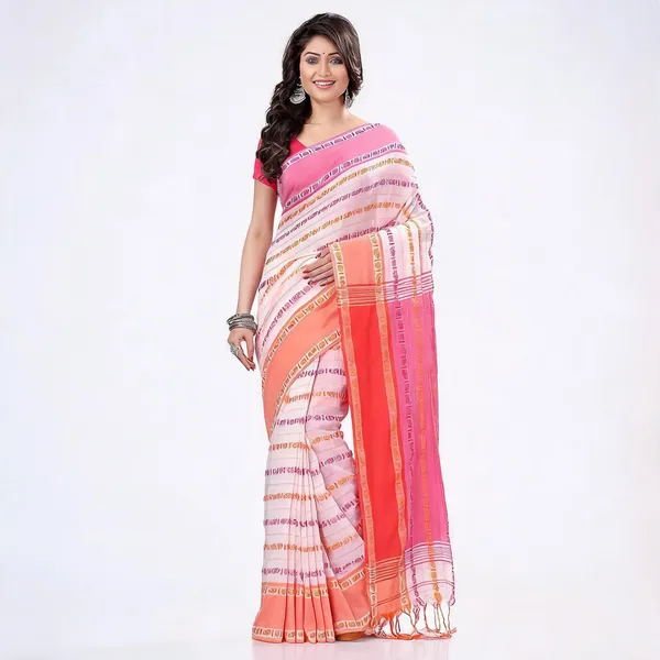 White_Pink_Cotton_Striped_Baghampuri_Saree_With_Blouse_For_Women