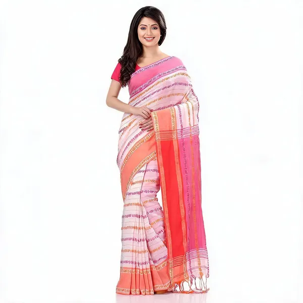 White_Pink_Cotton_Striped_Baghampuri_Saree_With_Blouse_For_Women