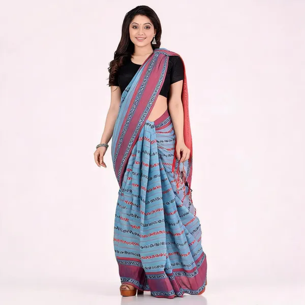 Blue_Red_Cotton_Floral_Baghampuri_Saree_With_Blouse_For_Women