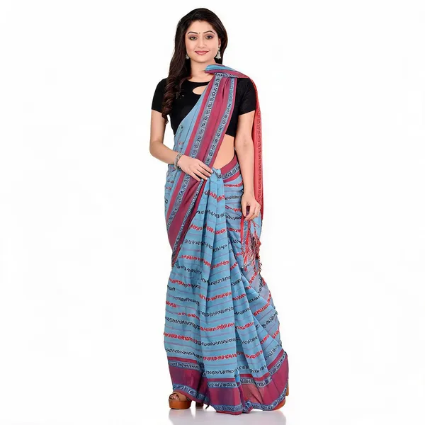Blue_Red_Cotton_Floral_Baghampuri_Saree_With_Blouse_For_Women