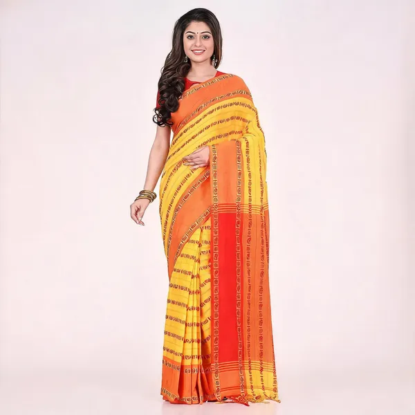 Yellow_Red_Cotton_Floral_Baghampuri_Saree_With_Blouse_For_Women