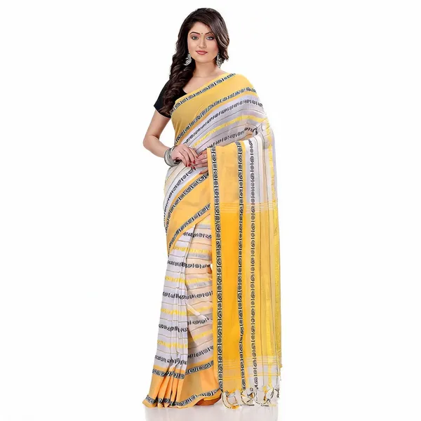 White_Yellow_Cotton_Striped_Baghampuri_Saree_With_Blouse_For_Women