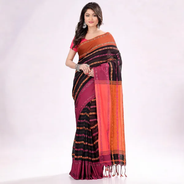 Black_Orange_Cotton_Floral_Baghampuri_Saree_For_Women