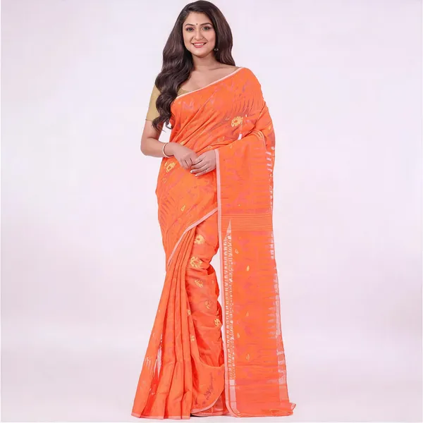 Orange_Cotton_Jamdani_Handloom_Saree_For_Women