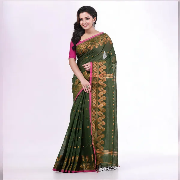 Dark_Olive_Cotton_Silk_Handloom_Traditional_Saree_For_Women