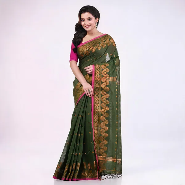 Dark_Olive_Cotton_Silk_Handloom_Traditional_Saree_For_Women